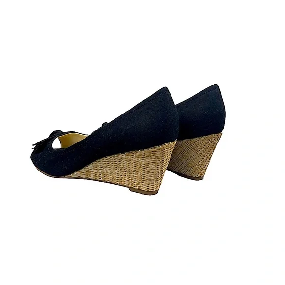 Isaac Mizrahi Live! Black Canvas Peep Toe
Straw like Wedges Bow Detail  … - Picture 7 of 17